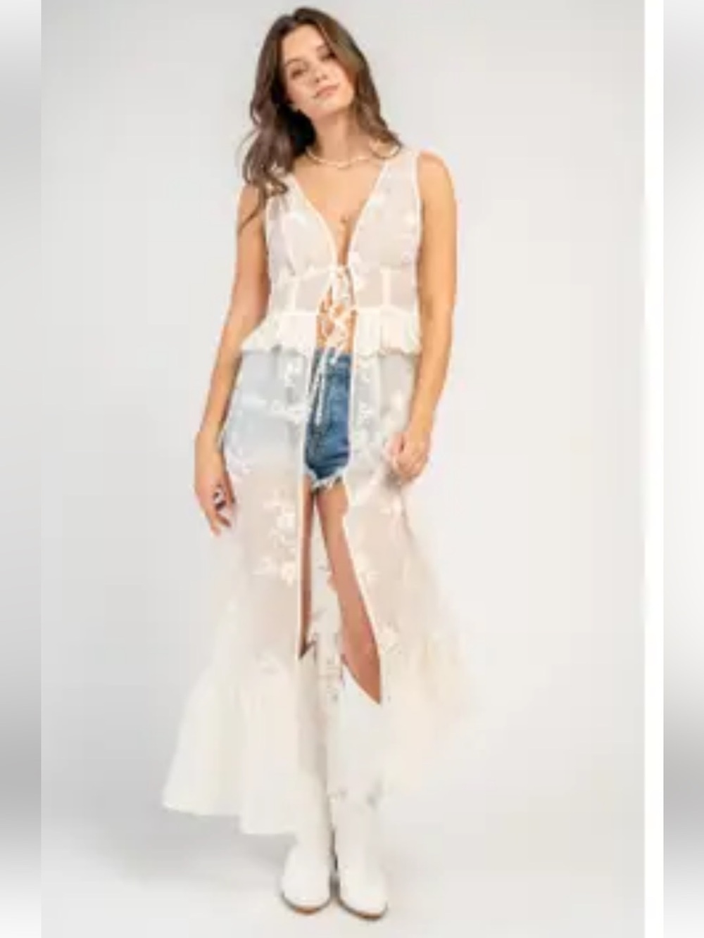 Tie Front Kimono in Ivory features a romantic floral embroidered